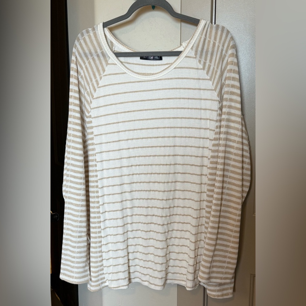 New Adorable Thermal Striped Long Sleeve Top, Flattering Fit, Size 3X
